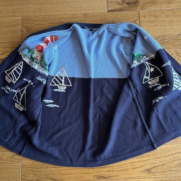 Vintage L Cardigan Sweater Lighthouse Sailing Sailboat Coastal Maritime Seaside - Picture 6 of 8